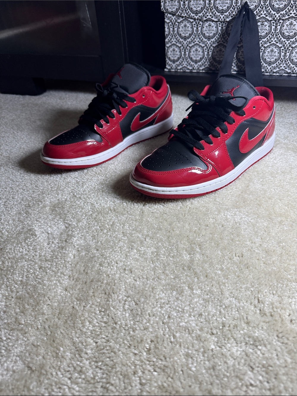 Jordan 1 Low-Top Men’s size 10 Sneakers in Red and Black (pat and leather)